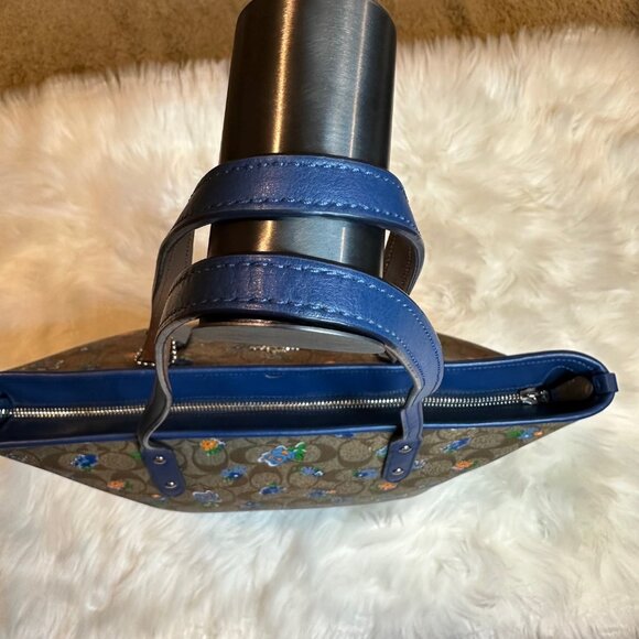 Coach Blue/Beige Floral Print Signature Coated Leather Canvas Tote - Picture 9 of 14